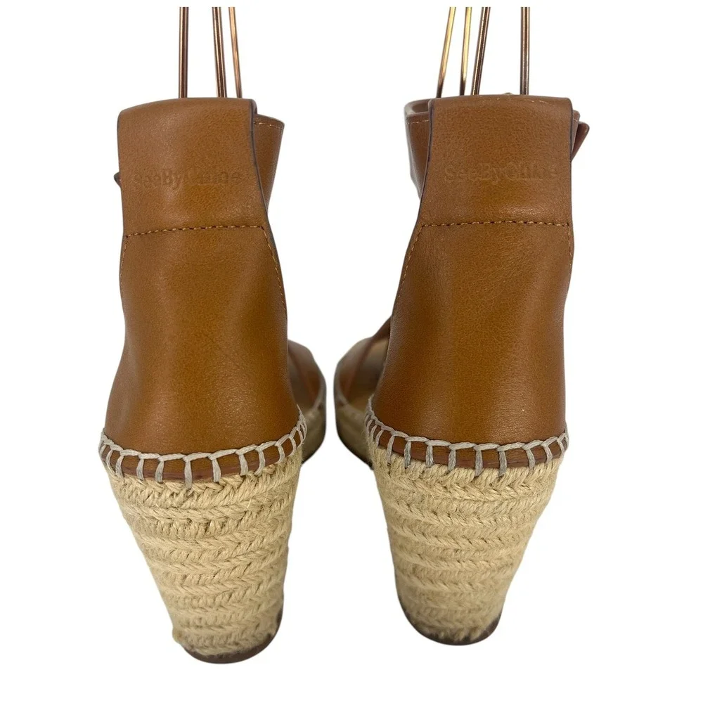 See by Chloe Glyn Leather Espadrille Wedge Sandals Brown Size 36